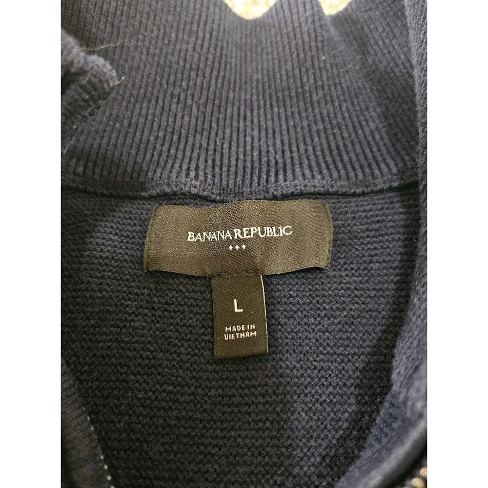 Banana Republic Mens Navy Blue Quarter Zip Sweater Suede Shoulder Patch Large